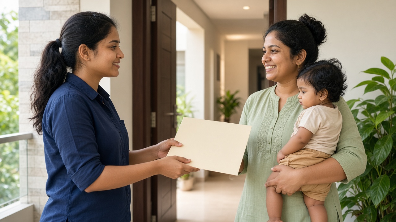 BNB delivering a finished certificate to a mother and child at home